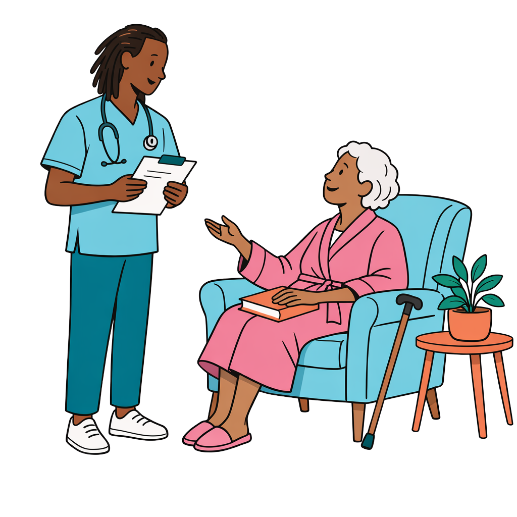 Illustration d'un soignant accompagnant un patient